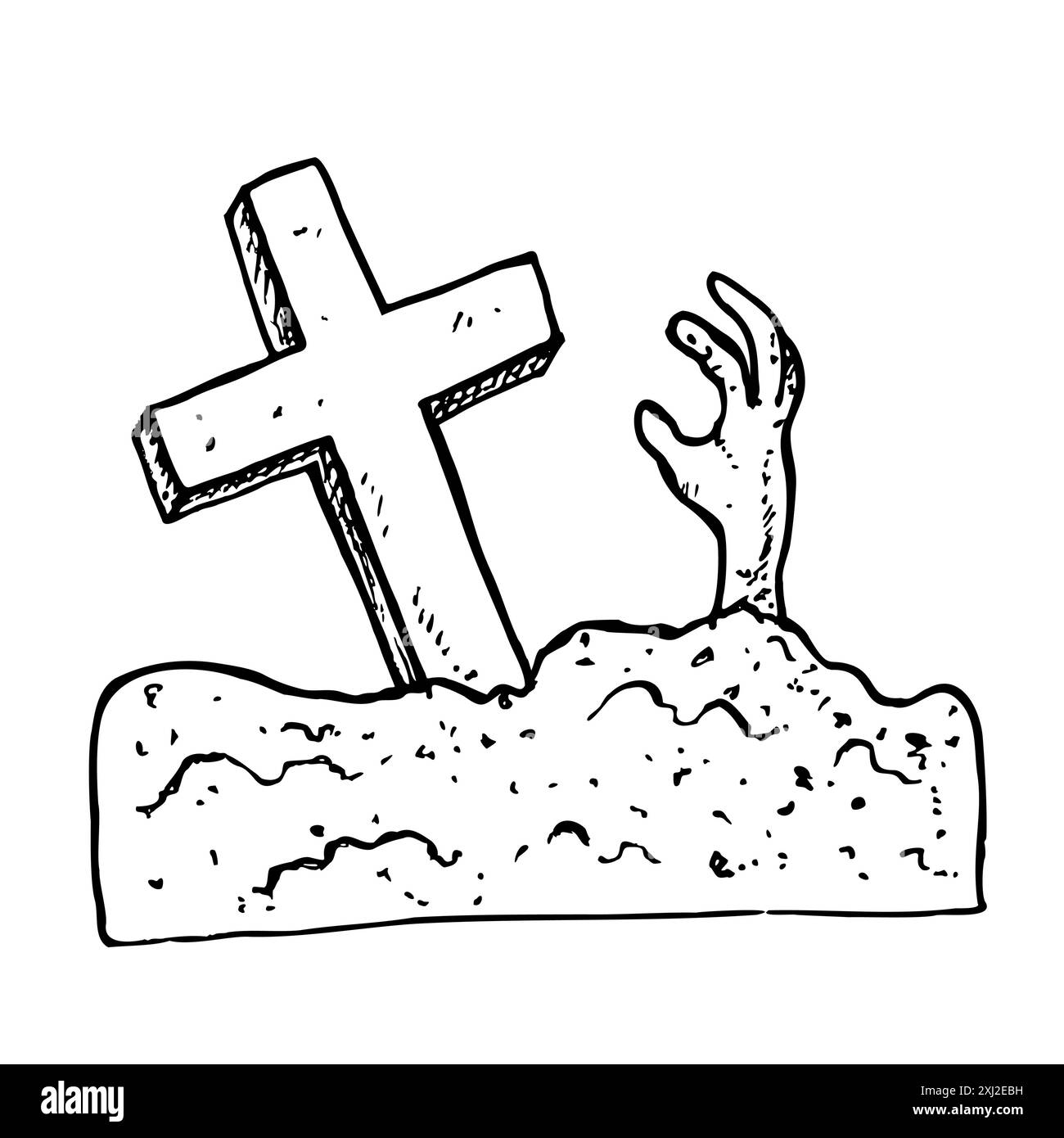 Braccia di zombie vettoriali che sporgono da terra. Illustrazione lineare dipinta a mano. Grafica monocromatica croccante cross art per tatuaggio, simbolo della morte, hal Illustrazione Vettoriale