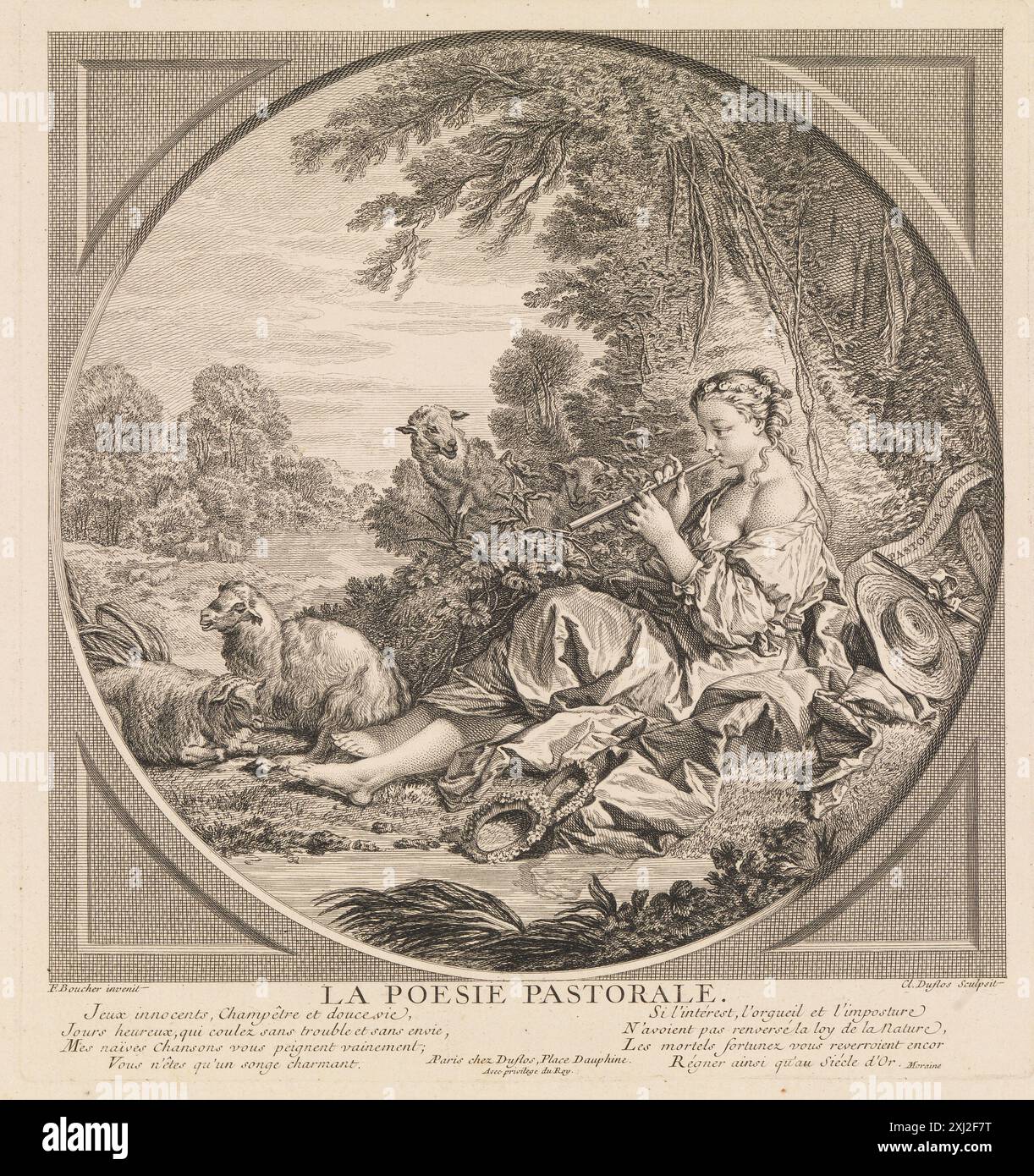 Den Pastoral Poesi Duflos, Claude-Augustin 1700 - 1786, Boucher, Francois 1703 - 1770, Duflos, Claude-Augustin 1700 - 1786 incisione di rame, Print Inventaire du fonds franais: Graveurs du XVIIIe siècle VIII: Duflos - Ferée, Marcel Roux, p. 79, nr. 140, SMK 2,780:8, 1955. Manuel de l'amateur d'estampes, Charles le Blanc, vol. II, pag. 151, nr. 68, C 35580, 1854-[1890] Den pastorale poesi Foto Stock