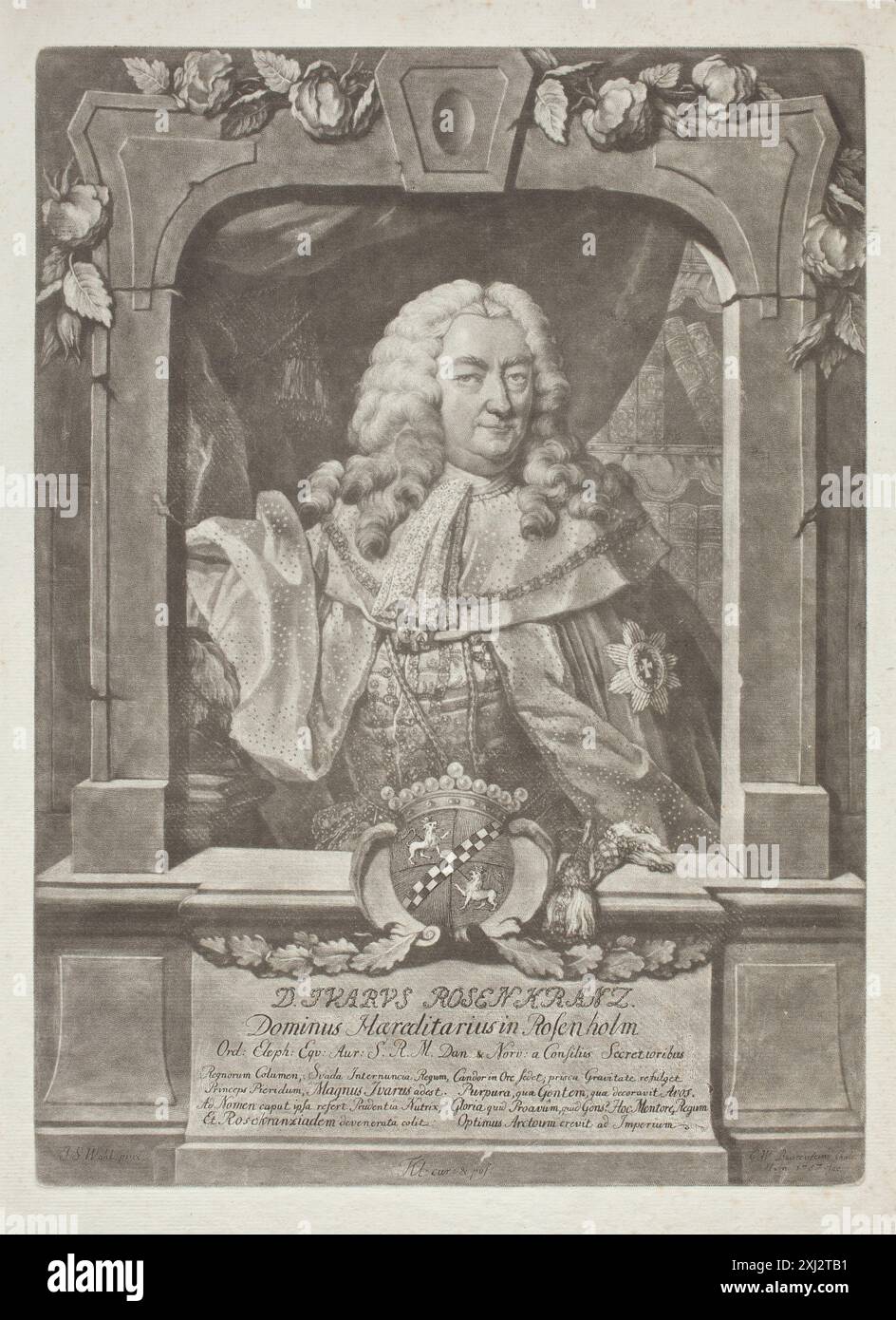 Ivar Rosenkrants Baurenfeind, Georg Vilhelm 1728 - 1763, Wahl, Johann Salomon 1689 - 1765 Mezzotint, Print Danske portrætter i kobberstik, litografi og træsnit: en beskrivende fortegnelse, P.B.C. Westergaard, nr. 9995, C 3997:1-2 da, 1930-1933 Ivar Rosenkrants Foto Stock