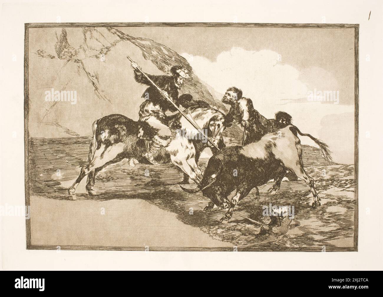 Incisione di Francisco de Goya raffigurante vecchi cavalieri spagnoli a cavallo che inseguono tori attraverso una pianura, mostrando cavalli, cavalieri, tori e dettagli del paesaggio. Foto Stock