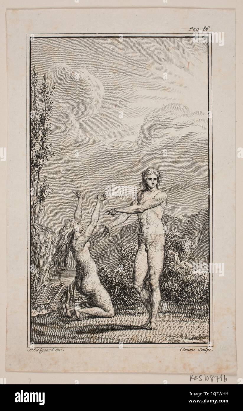 Illustrazione di 'Adamo ed Eva' II Clemens di Johannes Ewald, J.F. 1748 - 1831, Abildgaard, Nicolai 1743 - 1809 incisione, Stampa J.F. Clemens: Biografi samt Fortegnelse over hans Kobberstik. Avec un résumé francais, Leo Swane, nr. 124,i, 9968, 1929 illustrazione fino a Johannes Ewalds 'Adam og Eva' II Foto Stock