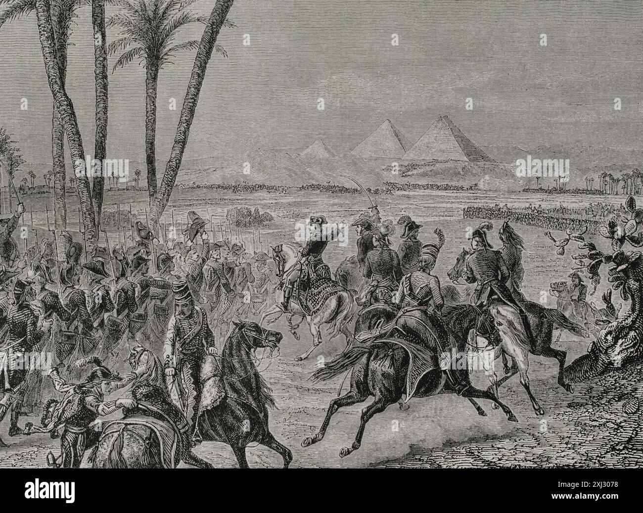 Guerre napoleoniche. Invasione francese dell'Egitto (1798-1801). Battaglia delle Piramidi (21 luglio 1798). L'esercito francese sotto Napoleone Bonaparte sconfisse le truppe mamelucche locali. Incisione di Pannemaker. "Storia della Rivoluzione francese". Volume i, seconda parte, 1879. Foto Stock