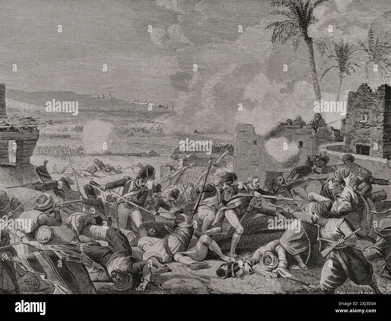 Guerre napoleoniche. Invasione francese dell'Egitto (1798-1801). Battaglia di Sediman o battaglia di El Lahun (7 ottobre 1798). Le truppe francesi comandate dal generale Desaix (1768-1800) sconfissero i mamelucchi guidati da Mourad Bey (circa 1750-1801). Disegno di Philippoteaux. Incisione. "Storia della Rivoluzione francese". Volume i, seconda parte, 1879. Foto Stock