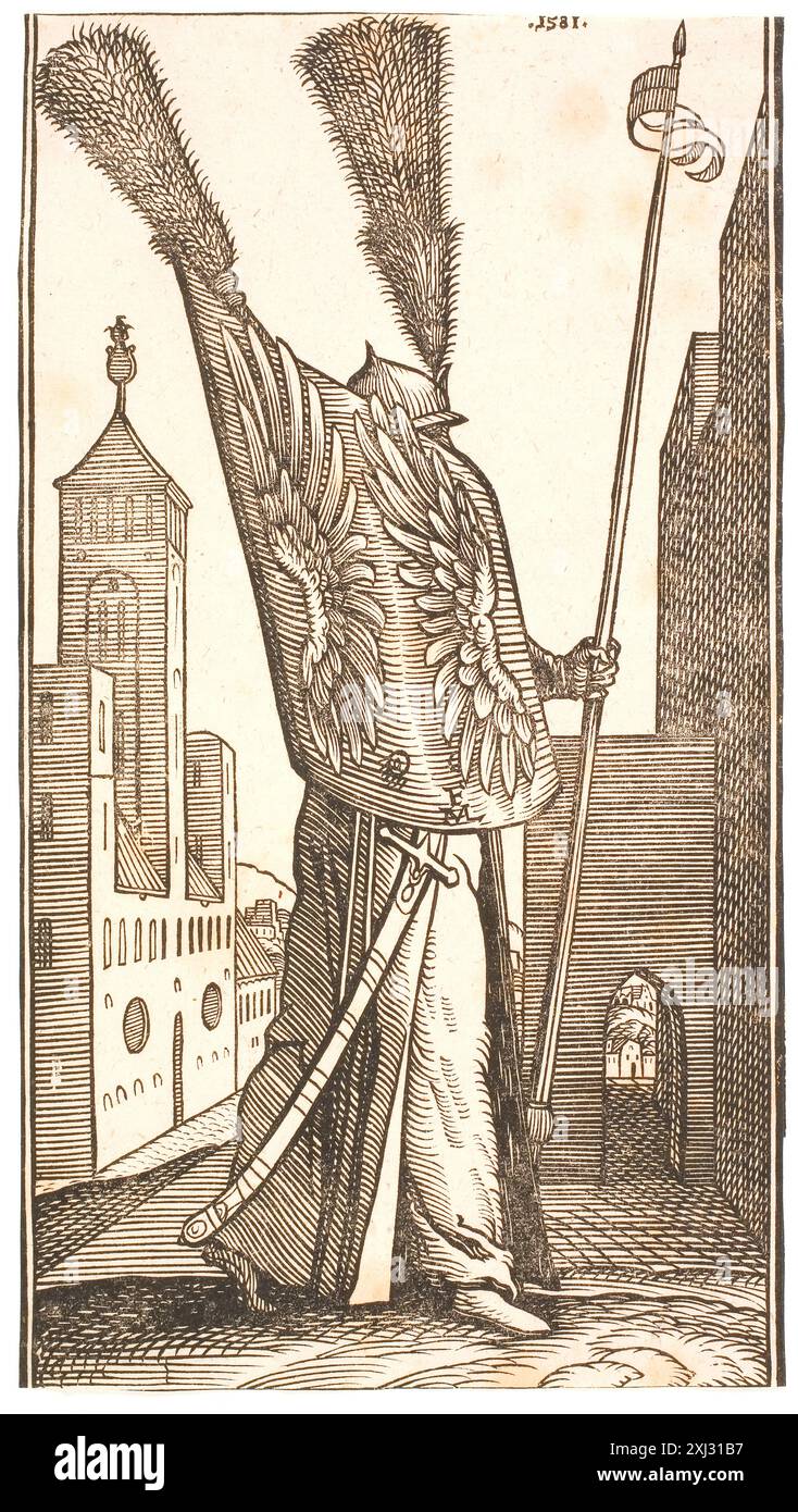 Incisione in legno di Melchior Lorck raffigurante un soldato in piedi con uno scudo decorato con ali di aquila e un casco con un grande pennacchio, che mostra armatura e postura, 1526-1583. Foto Stock