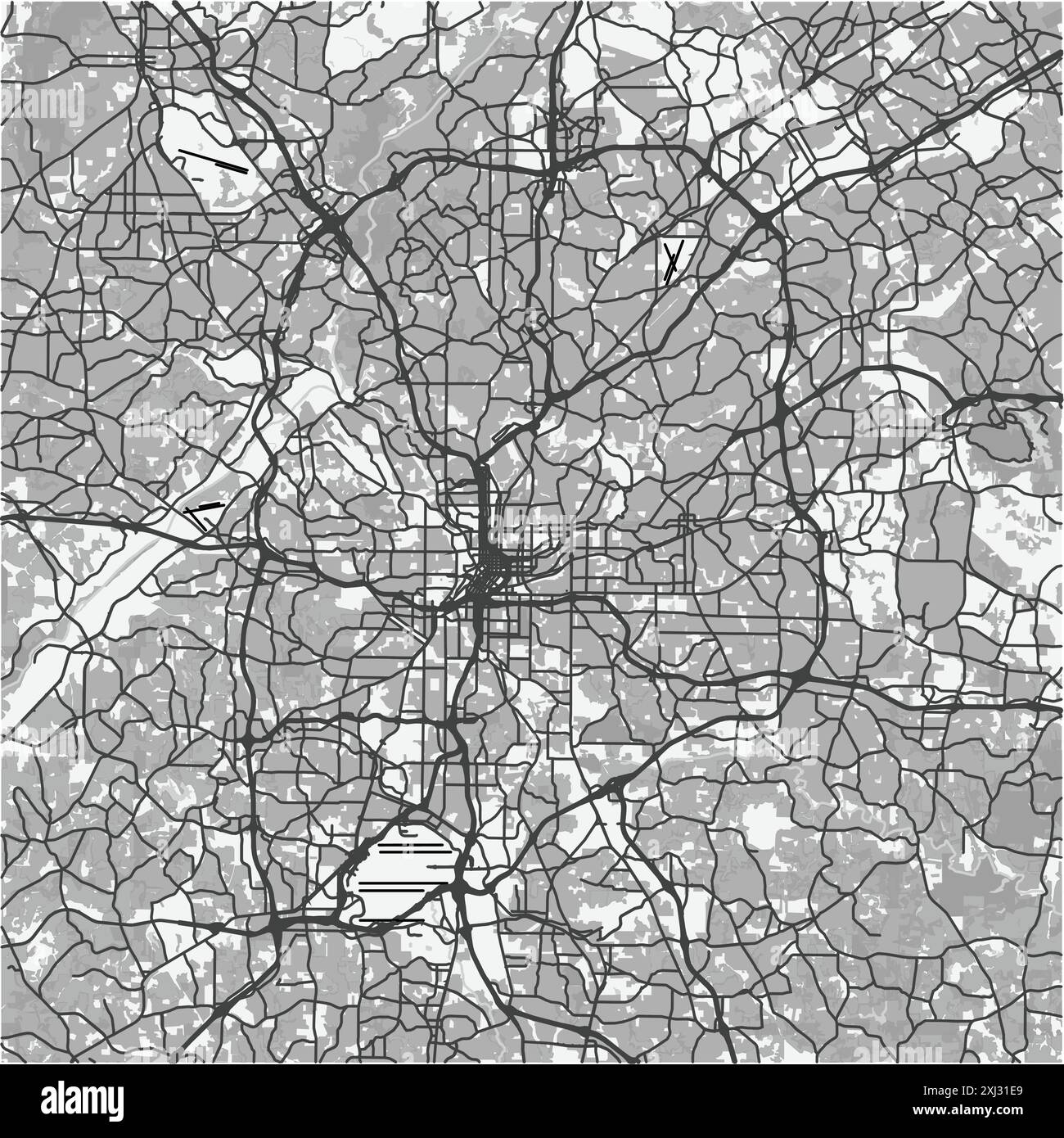 Mappa di Atlanta in Georgia in scala di grigi. Contiene vettore stratificato con strade, acqua, parchi, ecc. Illustrazione Vettoriale