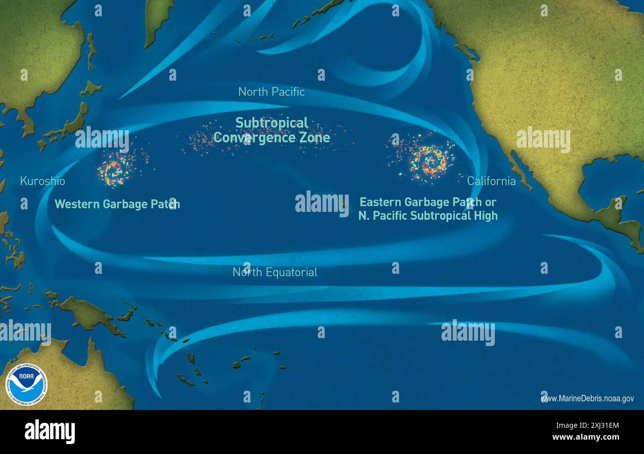 Pacific Garbage Patch. Mappa NOAA dei luoghi di accumulo di detriti marini nell'Oceano Pacifico settentrionale Foto Stock