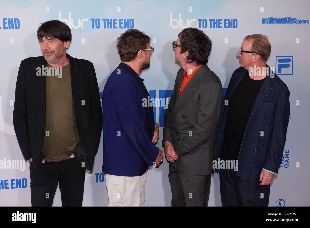 Alex James, Damon Albarn, Graham Coxon e Dave Rowntree arrivano per la prima londinese di Blur: To the End al Picturehouse Central di Londra. Data foto: Martedì 16 luglio 2024. Foto Stock