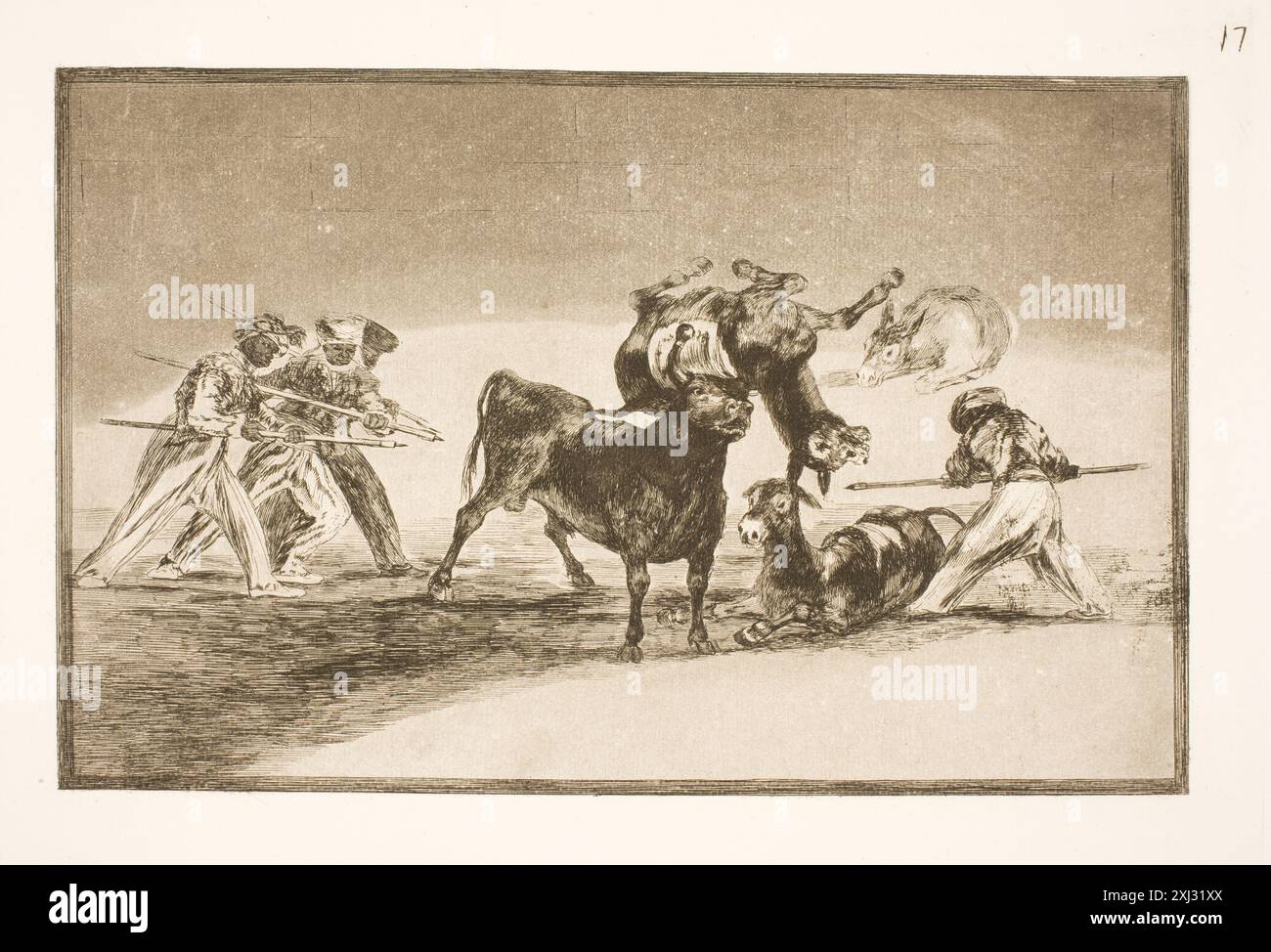 I Mori usano gli asini come barriera per difendersi dal toro se le corna sono state fornite con proiettili Goya, Francisco de 1746 - 1828 incisione, Print le Peintre-Graveur Illustré (XIXe et XXe siècles), vol. 14-15: Francisco Goya: première + seconde partie, Loys Delteil, afb. vol. II (upag.), nr. 240 V, 8020, 1922. Goya: Incisioni e litografie, Tomás Harris, afb. vol. II, pag. 332, nr. 220 III, B 2750 mb, 1964 Maurerne benytter æsler som barre for at forsvare sig mod tyren, hvis horn er blevet forsynet med kugler Foto Stock