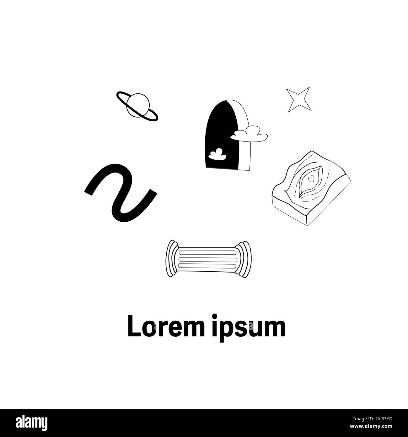 Elementi surrealistici poster o design di copertina con sculture greche astratte. Illustrazioni vettoriali disegnate a mano di elementi moderni e spazio cosmico Illustrazione Vettoriale