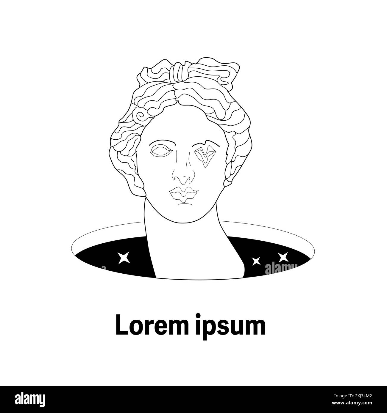 Elementi surrealistici poster o design di copertina con sculture greche astratte. Illustrazioni vettoriali disegnate a mano di elementi moderni e spazio cosmico Illustrazione Vettoriale