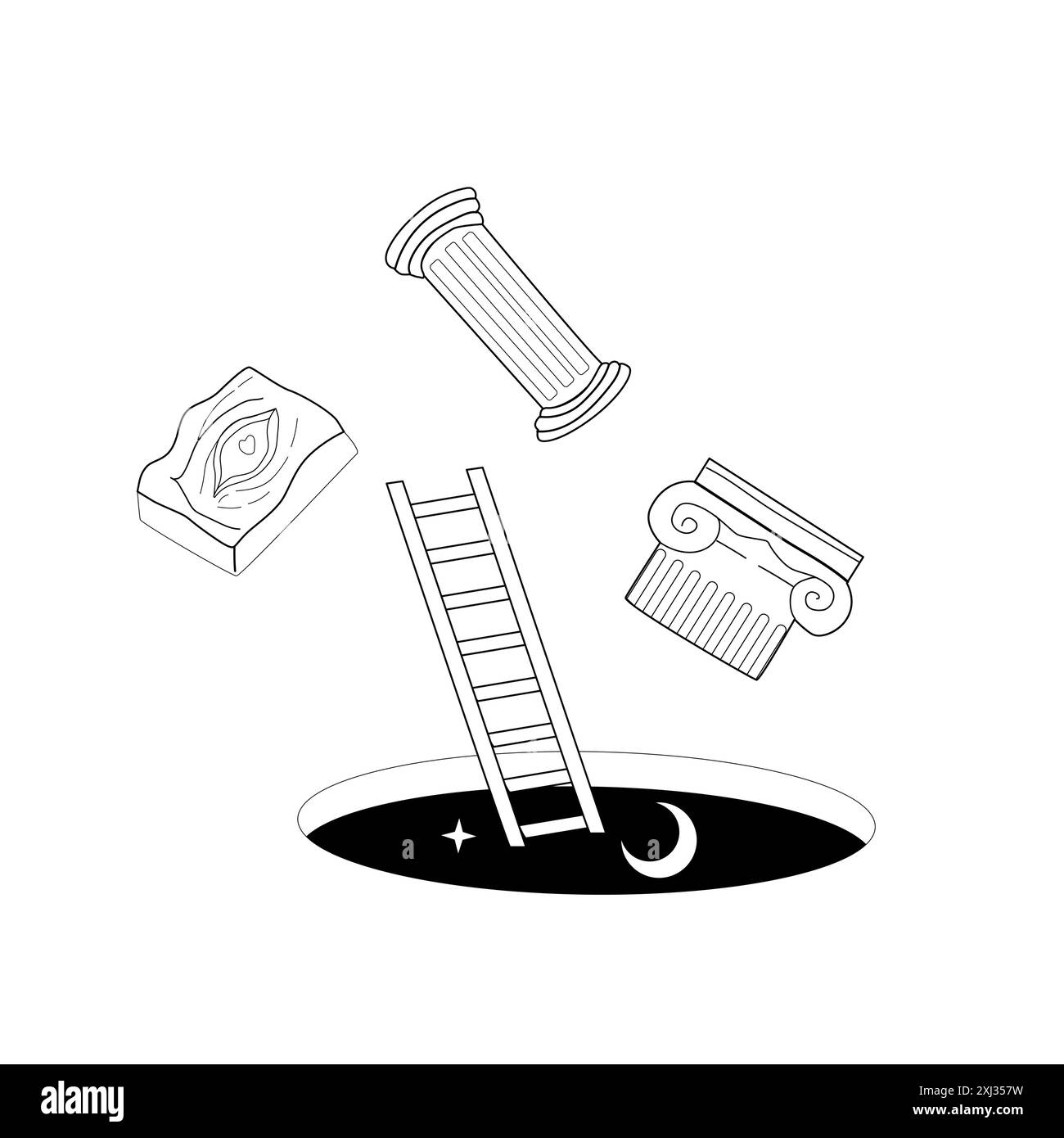 Elementi surrealistici poster o design di copertina con sculture greche astratte. Illustrazioni vettoriali disegnate a mano di elementi moderni e spazio cosmico Illustrazione Vettoriale