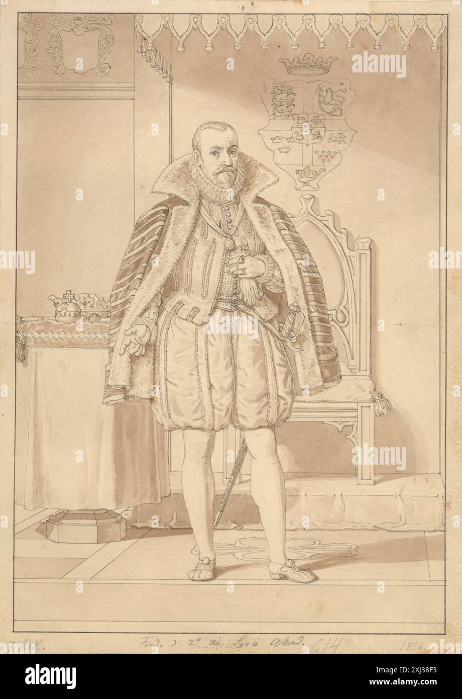 Un disegno di C.W. Eckersberg raffigurante Federico II che indossa il suo abbigliamento per l'incoronazione, enfatizzando il costume e la postura reali. Foto Stock