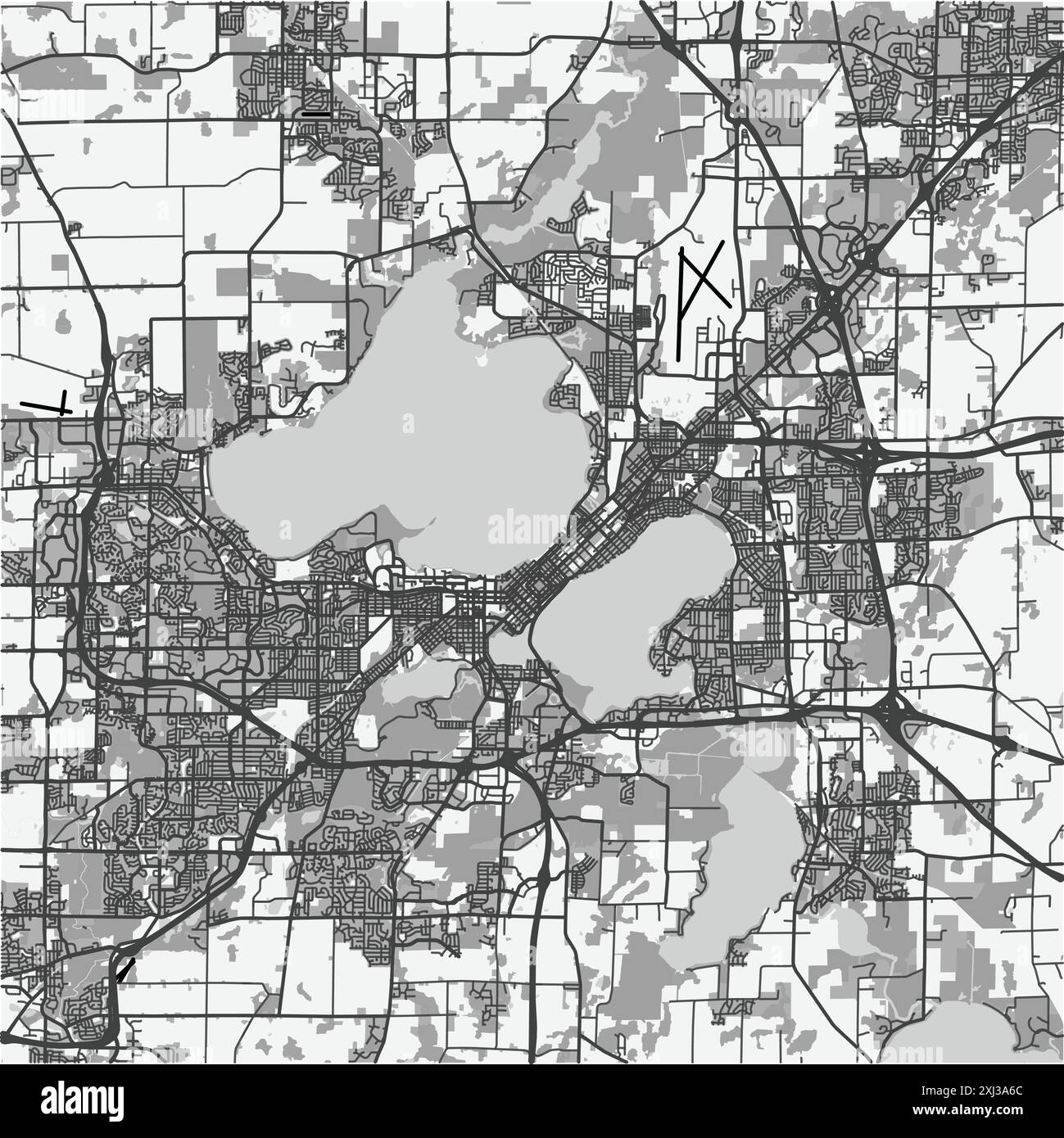 Mappa di Madison in Wisconsin in scala di grigi. Contiene vettore stratificato con strade, acqua, parchi, ecc. Illustrazione Vettoriale