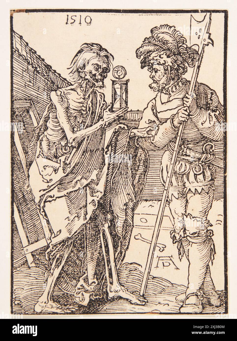 Una xilografia di Albrecht Dürer mostra la morte che affronta un soldato, evidenziando figure, postura, espressioni e interazione simbolica. Foto Stock