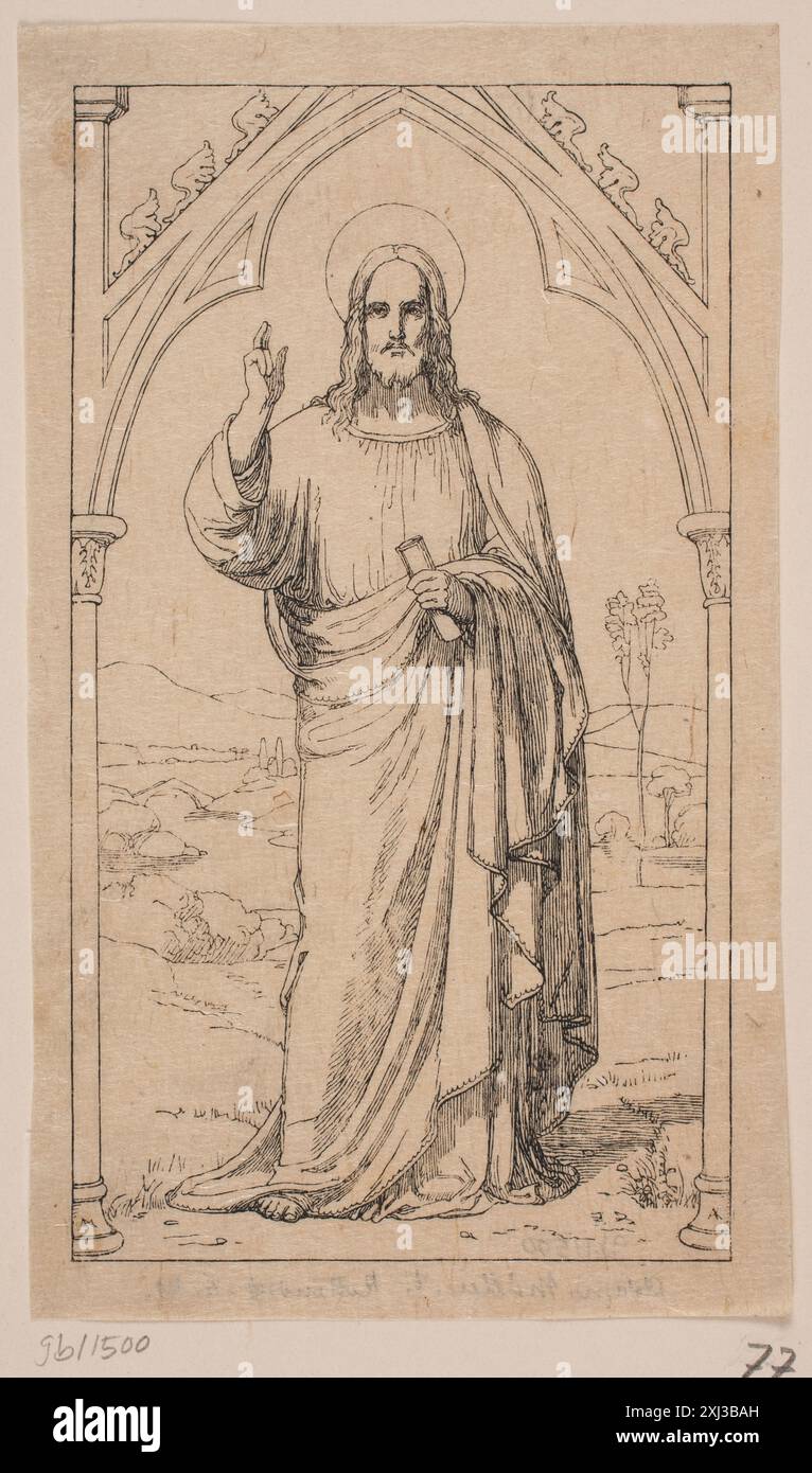 Xilografia raffigurante Cristo che alza la mano in benedizione, creata da Axel Theodor Kittendorff e Adam Müller. Foto Stock