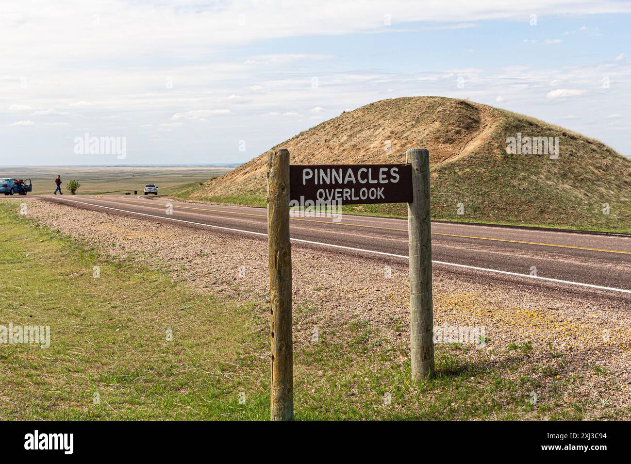 Pinnacles Overllok, insegna nel Badlands National Park, South Dakota, Stati Uniti Foto Stock