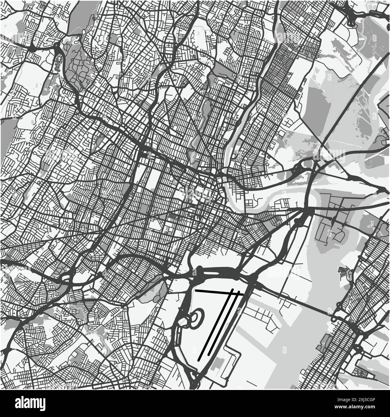 Mappa di Newark nel New Jersey in scala di grigi. Contiene vettore stratificato con strade, acqua, parchi, ecc. Illustrazione Vettoriale