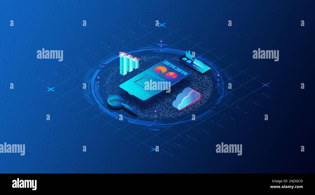 Concetto di analisi dei dati e cloud computing - analisi cloud - pratica dell'utilizzo di server remoti per analizzare e archiviare i dati - illustrazione 3D. Foto Stock