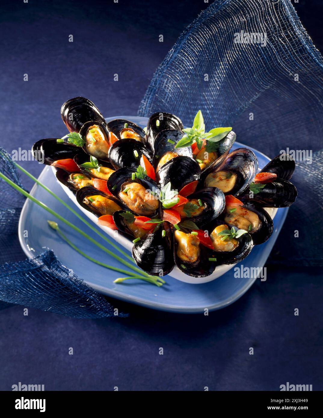Cozze cassolette con pomodori e succo di erbe aromatiche Foto Stock
