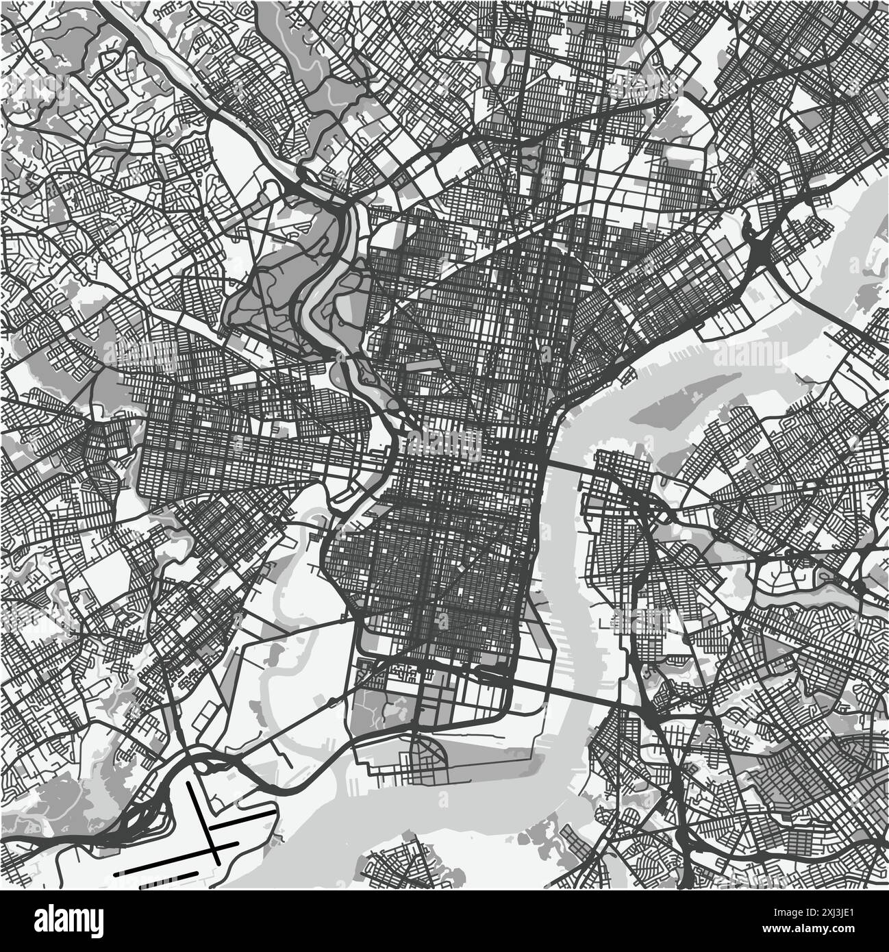 Mappa di Philadelphia in Pennsylvania in scala di grigi. Contiene vettore stratificato con strade, acqua, parchi, ecc. Illustrazione Vettoriale