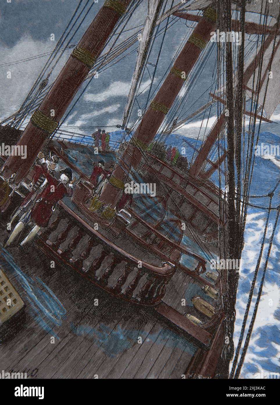 xviii secolo. Europa. Nave britannica. Mazzo. Incisione, XIX secolo. Foto Stock