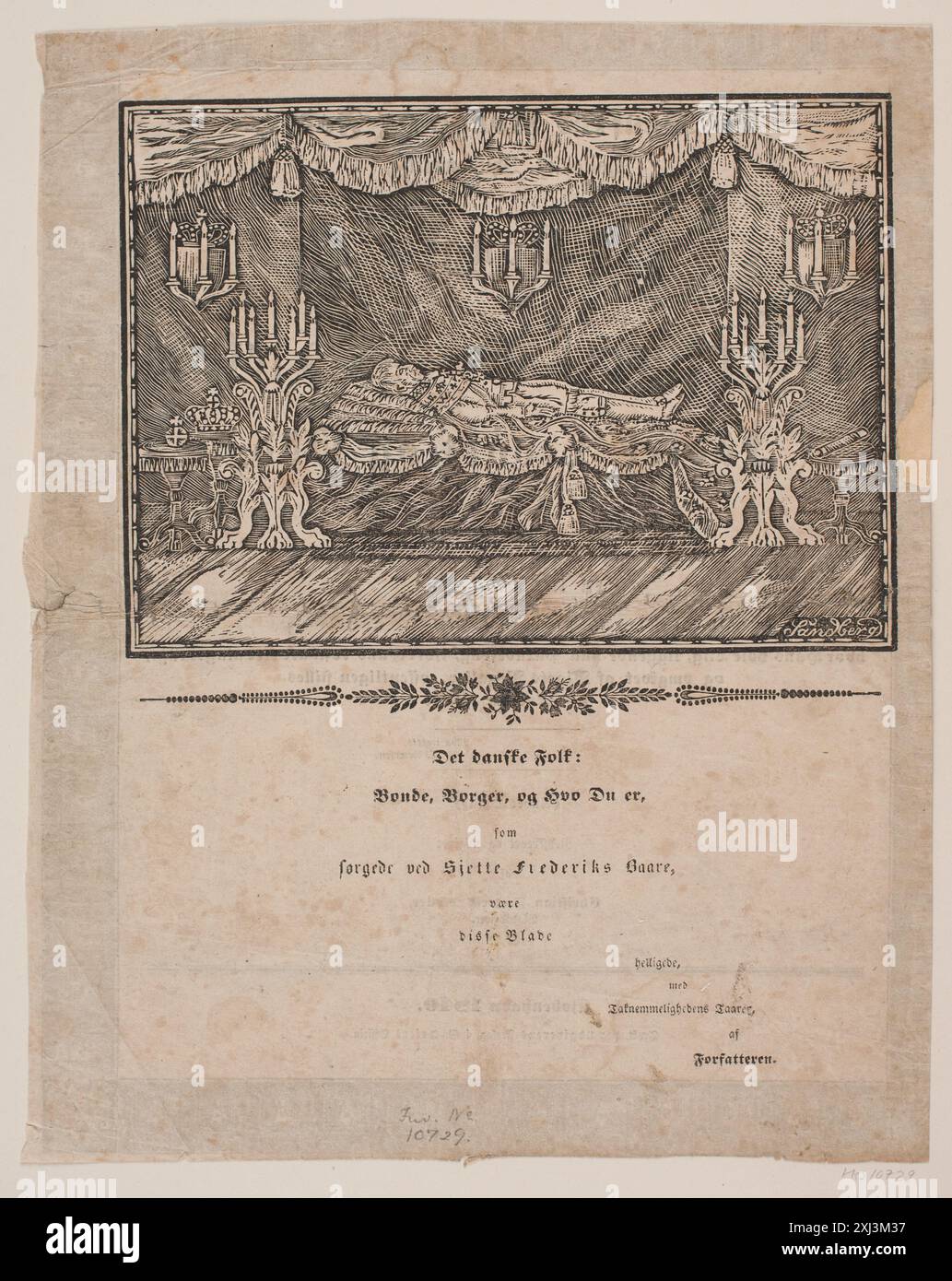 Incisione su legno di Carl Leonard Sandberg (1839-1885) e Christian Frederik Møller raffigurante Frederik vi alla lit de Parade, mostrando il re in abito cerimoniale su una piattaforma rialzata. Foto Stock