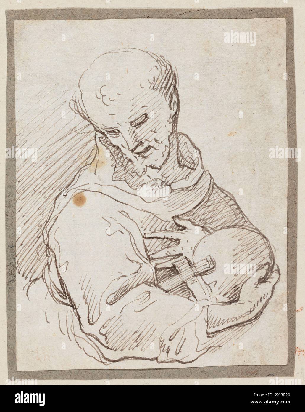 Un disegno di un ignoto artista italiano raffigurante San Francesco d'Assisi a mezza figura con una croce e un guscio principale, creato in Italia. Foto Stock