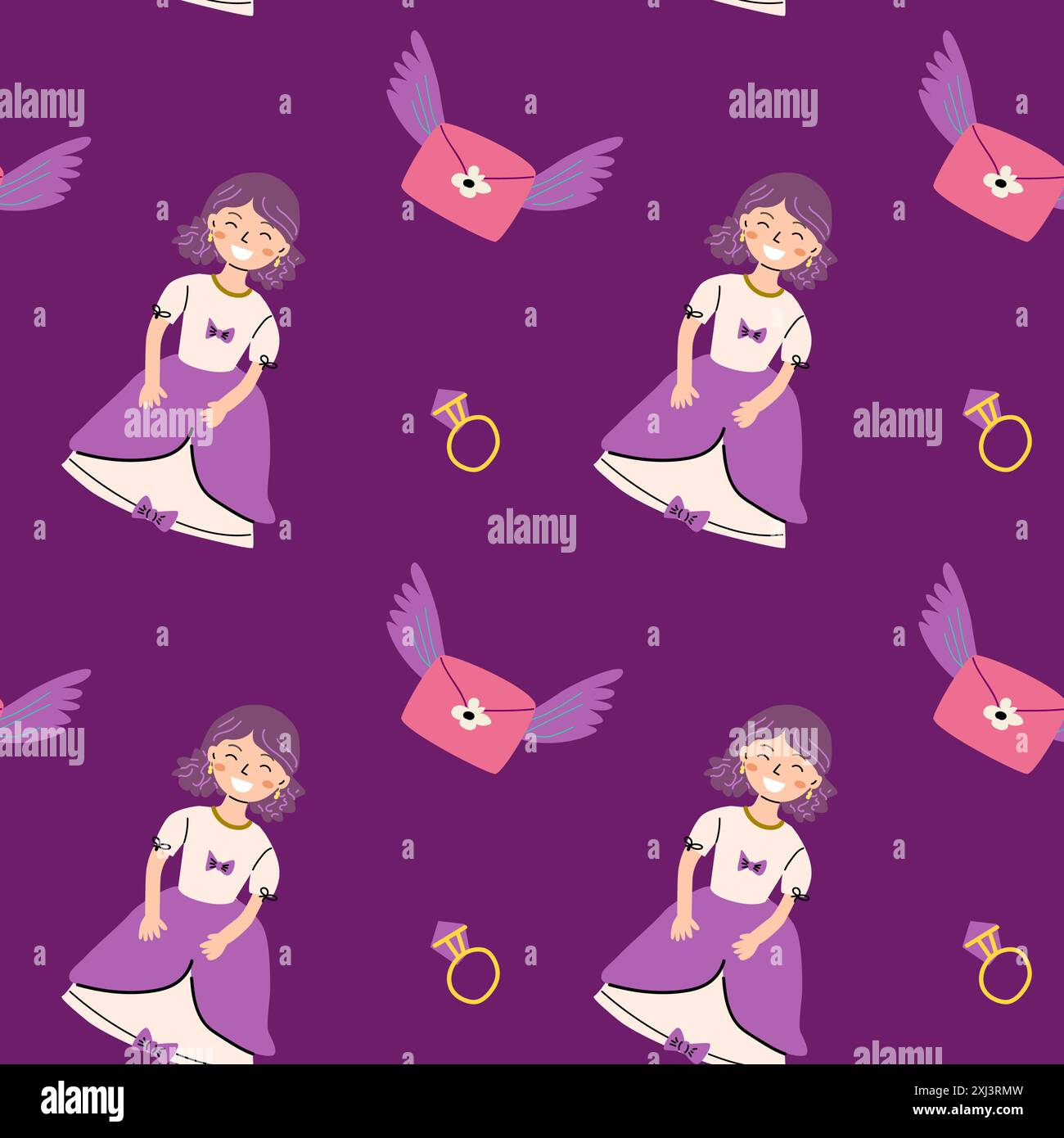 Fiaba per i bambini con principessa e castello. Simpatico scenario della clipart del mondo fantastico. Fantasia magica infantile con personaggi dei cartoni animati. Illustrazione Vettoriale