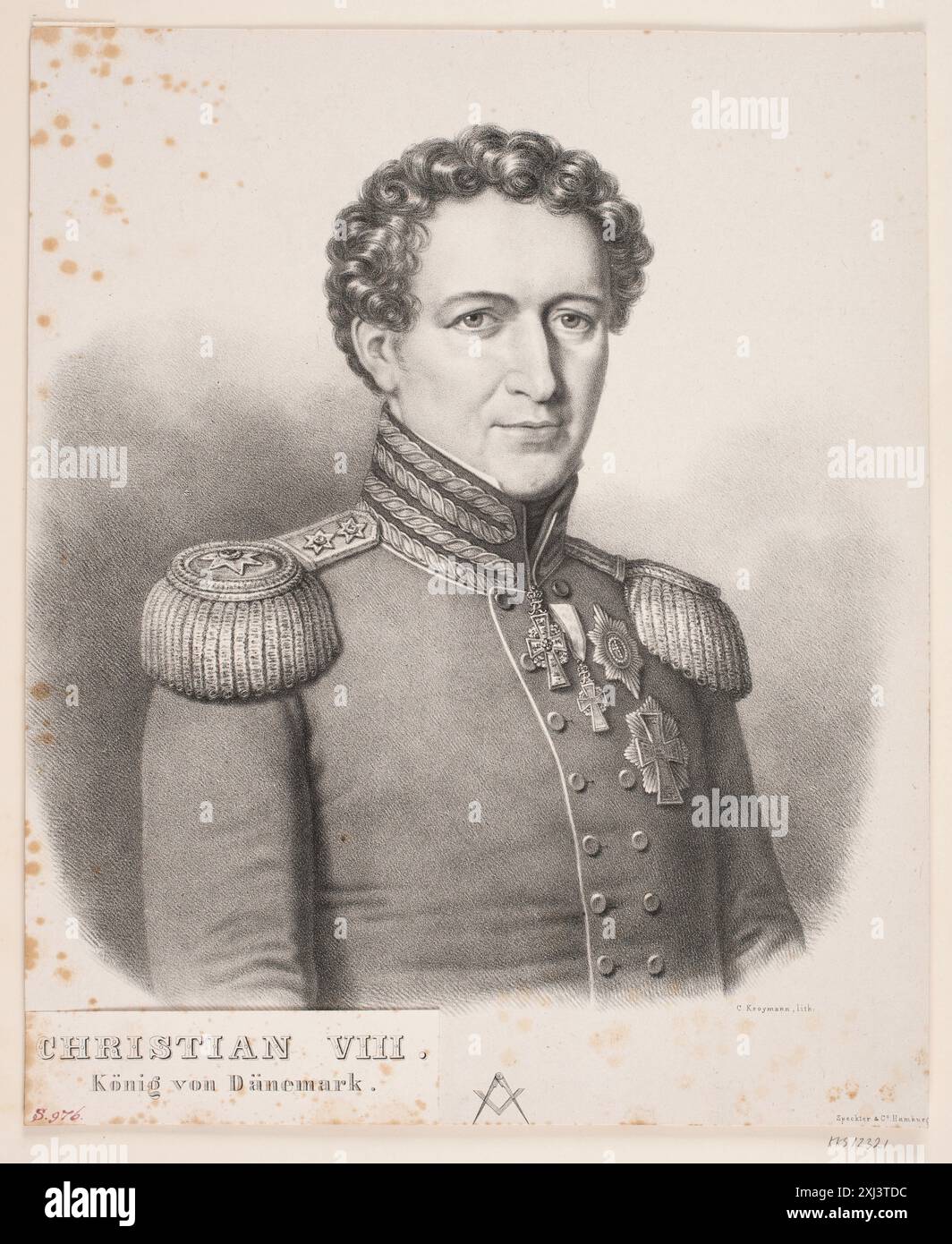 Christian VIII Kroymann, Carl Friedrich 1781 - 1848, Bærentzen, Emil Ditlev 1799 - 1868, Speckter & Co Hamburg 1834 - 1852 litografia, Print Beskrivende Catalog over Portraiter af det danske Kongehuus, A. Strunk, nr. 976, D 10460 da, 1882 Cristiano VIII Foto Stock