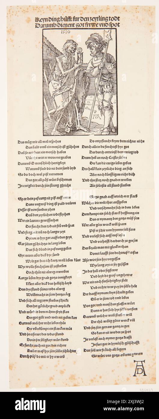 Xilografia di Albrecht Dürer raffigurante la morte che si avvicina a un soldato, illustrando figure umane, armature e temi allegorici nella stampa tedesca del XVI secolo. Foto Stock