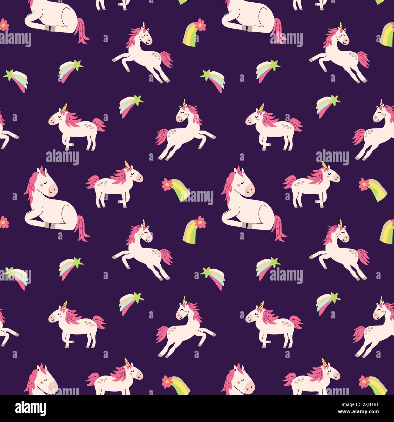 Simpatico motivo unicorno senza cuciture per il tessuto. Sfondo dei personaggi magici infantili. Fata e fantasia magica per i bambini. Illustrazione Vettoriale