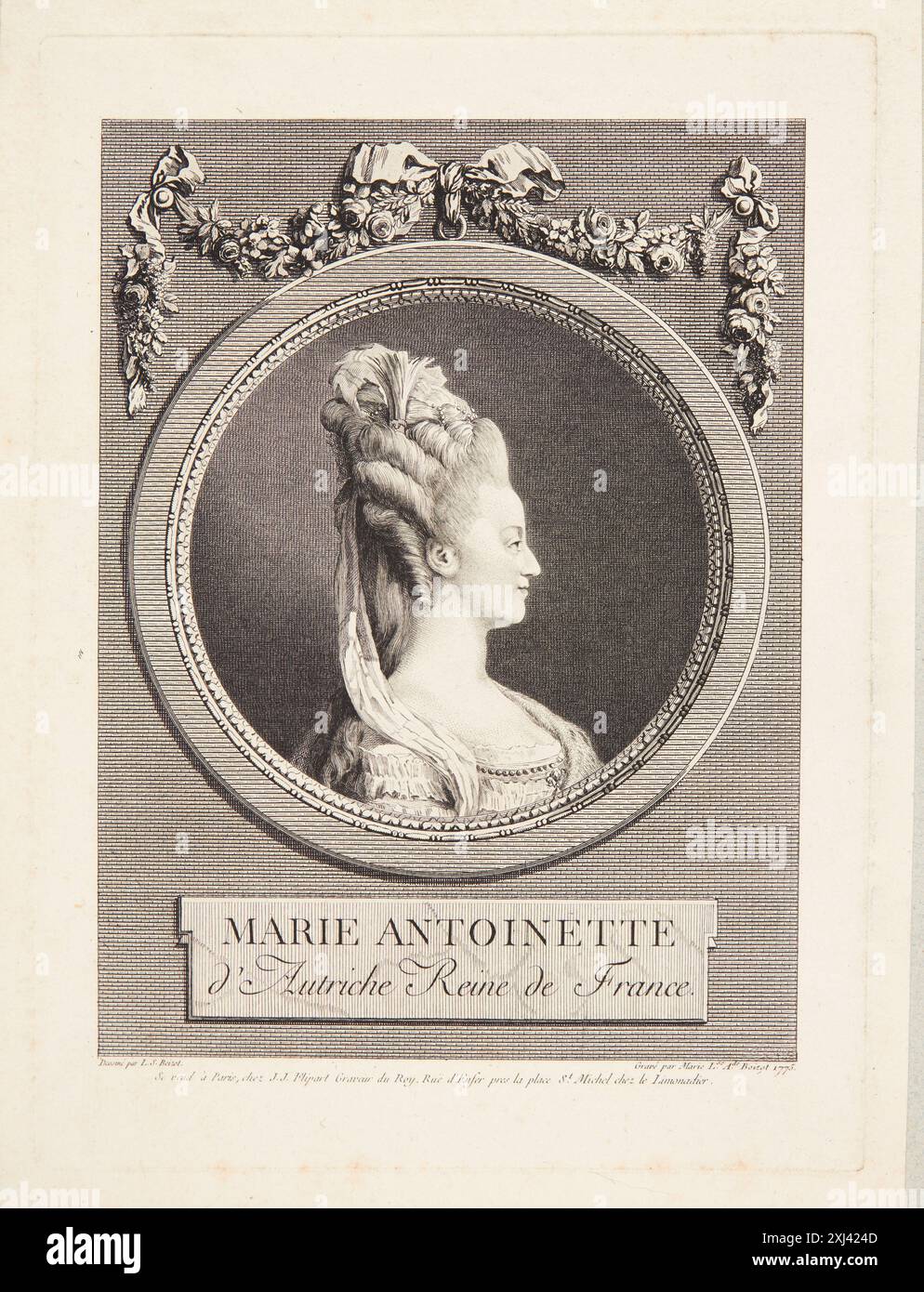 Ritratto di Maria Antonietta Boizot, Marie Louise Adelaide 1744 - 1800, Boizot, Louis Simon 1743 - 1809, Flipart, Jean-Jacques 1719 - 1782 Etching, Print Inventaire du fonds franais: Graveurs du XVIIIe siècle III: Bizemont-Prunelé - Cars, Marcel Roux, p. 129, nr. 21, SMK 2,780:3, 1934. Manuel de l'amateur d'estampes, Charles le Blanc, bd. I, pag. 427, nr. 8, C 35580, 1854-[1890] Portræt af Marie-Antoinette Foto Stock