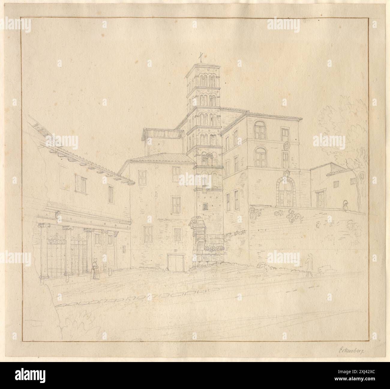 Un disegno di C.W. Eckersberg raffigurante la facciata della chiesa dei SS Giovanni e Paolo a Roma, compresi i dettagli architettonici. Foto Stock