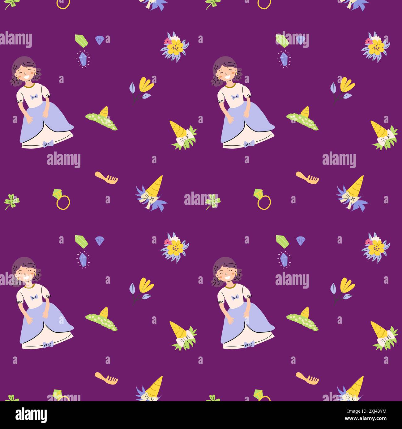 Fiaba per i bambini con principessa e castello. Simpatico scenario della clipart del mondo fantastico. Fantasia magica infantile con personaggi dei cartoni animati. Illustrazione Vettoriale