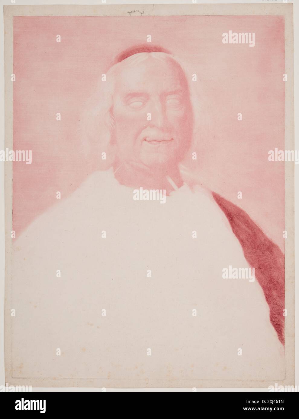 Una stampa mezzotinta che mostra il cardinale André Hercule de Fleury, evidenziando indumenti clericali, dettagli del viso e postura seduta in stile europeo del XVII-XVIII secolo. Foto Stock