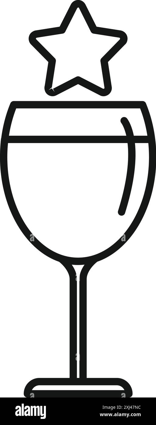 Semplice icona di un bicchiere di vino con una stella a cinque punte che galleggia sopra, che rappresenta una classificazione a cinque stelle Illustrazione Vettoriale