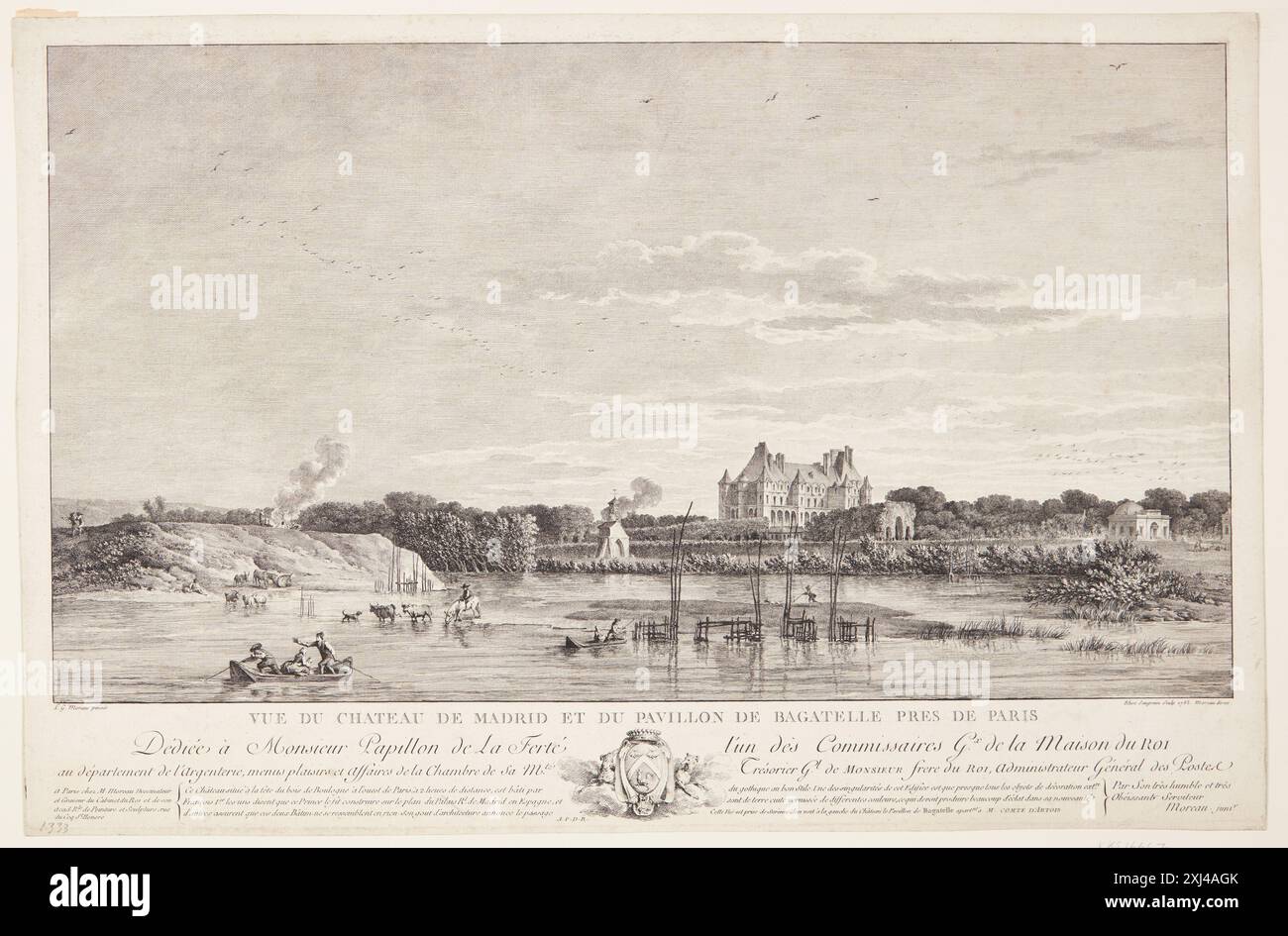 Vista di Château de Madrid e Pavilion The Travener (Vue du Chateau de Madrid et you Pavilon the trifle pressure of the paris) Saugrain, Elise 1753 - 1783, Moreau, Louis Gabriel 1739 - 1805, Moreau, Jean Michel 1741 - 1814 Etching, Print Manuel de l'amateur d'estampes, Charles le Blanc, 3, C 35580, 1854-[1890]. Jean-Michel Moreau le jeune, Emmanuel Bocher, 196, 2240, 1882 Udsigt over Château de Madrid og Pavillon de Bagatelle (Vue du Chateau de Madrid et du Pavillon de Bagatelle pres de Paris) Foto Stock