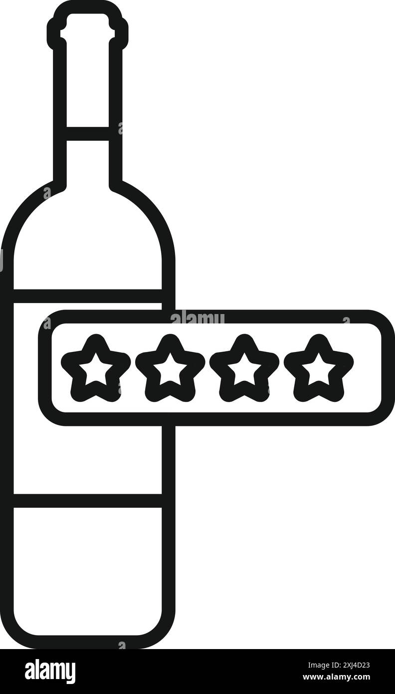 Icona della linea di una bottiglia di vino con cinque stelle, che simboleggia l'eccellente soddisfazione del cliente Illustrazione Vettoriale