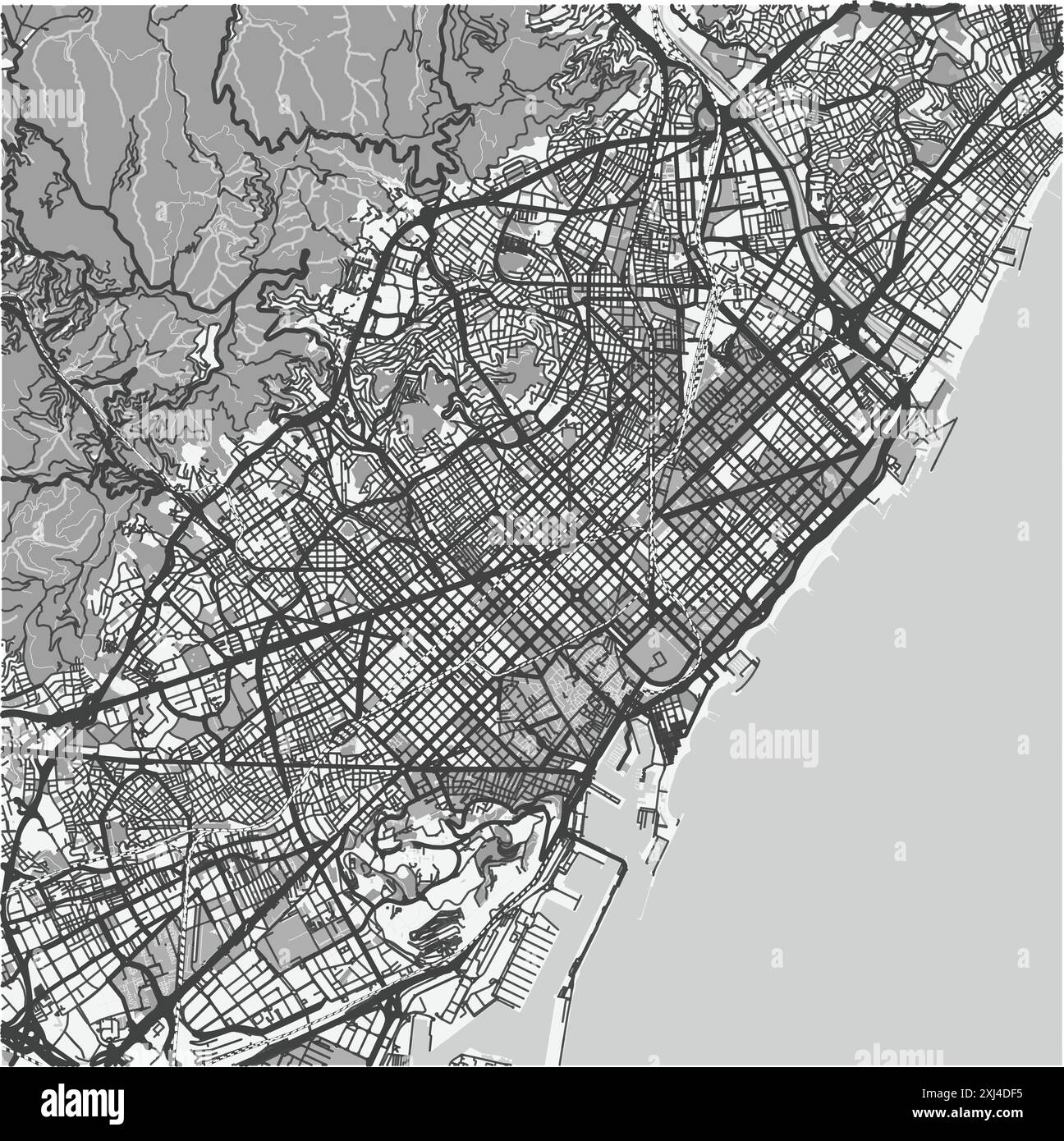 Mappa di Barcellona in Spagna in scala di grigi. Contiene vettore stratificato con strade, acqua, parchi, ecc. Illustrazione Vettoriale
