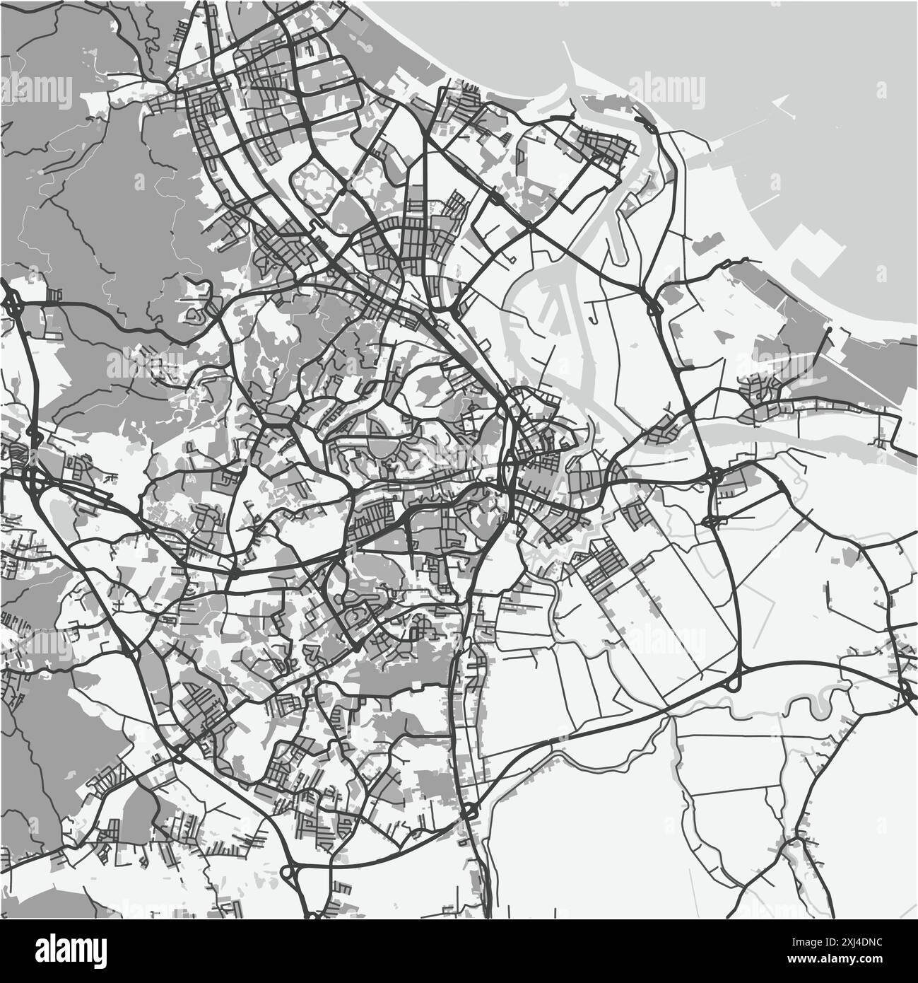 Mappa di Danzica in Polonia in scala di grigi. Contiene vettore stratificato con strade, acqua, parchi, ecc. Illustrazione Vettoriale