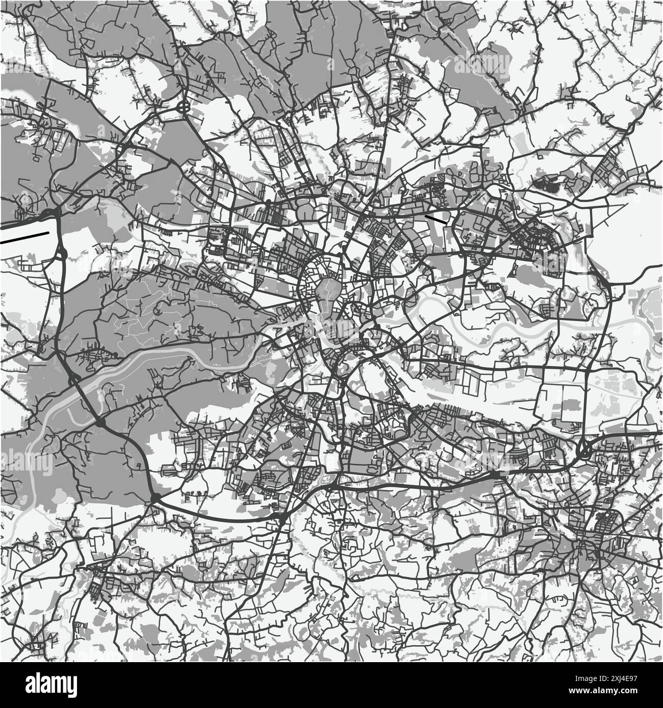 Mappa di Cracovia in Polonia in scala di grigi. Contiene vettore stratificato con strade, acqua, parchi, ecc. Illustrazione Vettoriale
