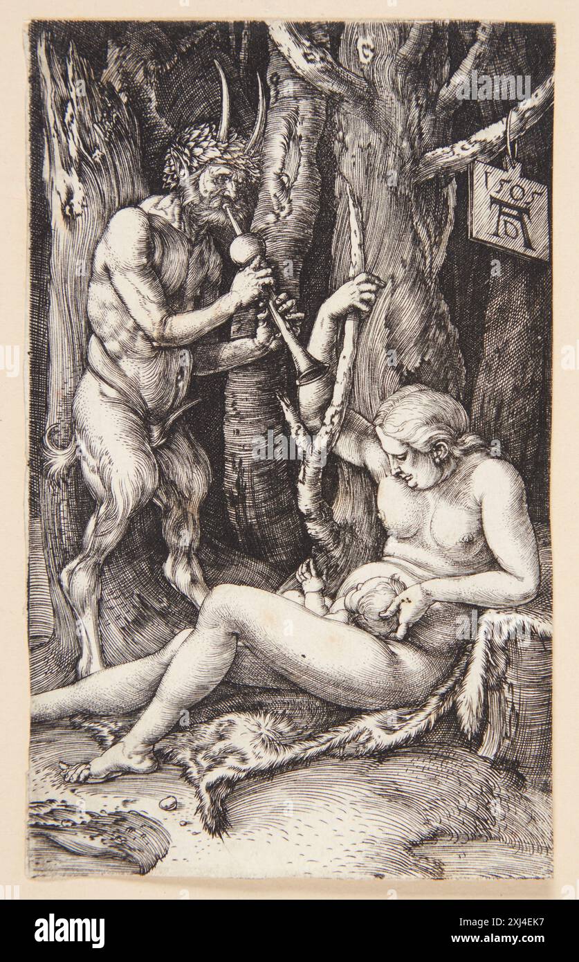 La famiglia Satyr di Albrecht Dürer (1471-1528) è un'incisione di rame che mostra satiri mitologici in un gruppo familiare, illustrando l'interesse del Rinascimento settentrionale per i temi classici e le immagini allegoriche. Foto Stock
