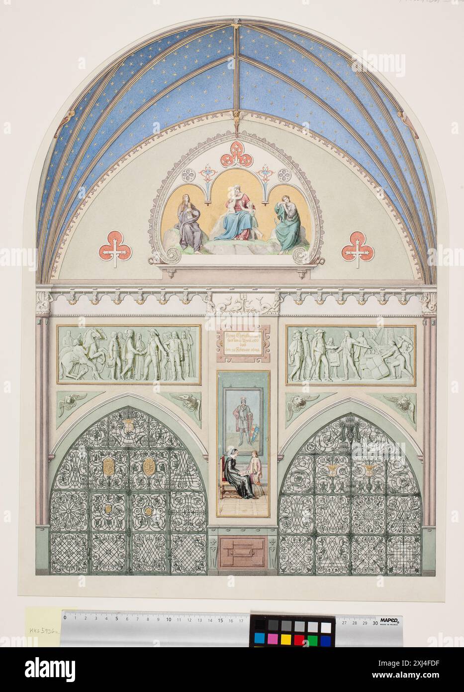 Bozza la decorazione della volta nella cappella di Cristiano IV nella cattedrale di Roskilde. Nel mezzo Cristiano IV da bambino. Sopra due fregi con scene della vita del re Eddelien, Heinrich 1802 - 1852 raffigurante Cristiano IV og Europa: Den 19. Europarådsudstilling, Danmark 1988, Steffen Heiberg, Kat. n. 1831, afb. P. 519, 88-222, 1988 Udkast til hvælvingens dekoration i Christian IV's kapel i Roskilde Domkirke. Ho preso in giro Christian IV som fienile. Da Herover a Friser med scener fra kongens liv Foto Stock