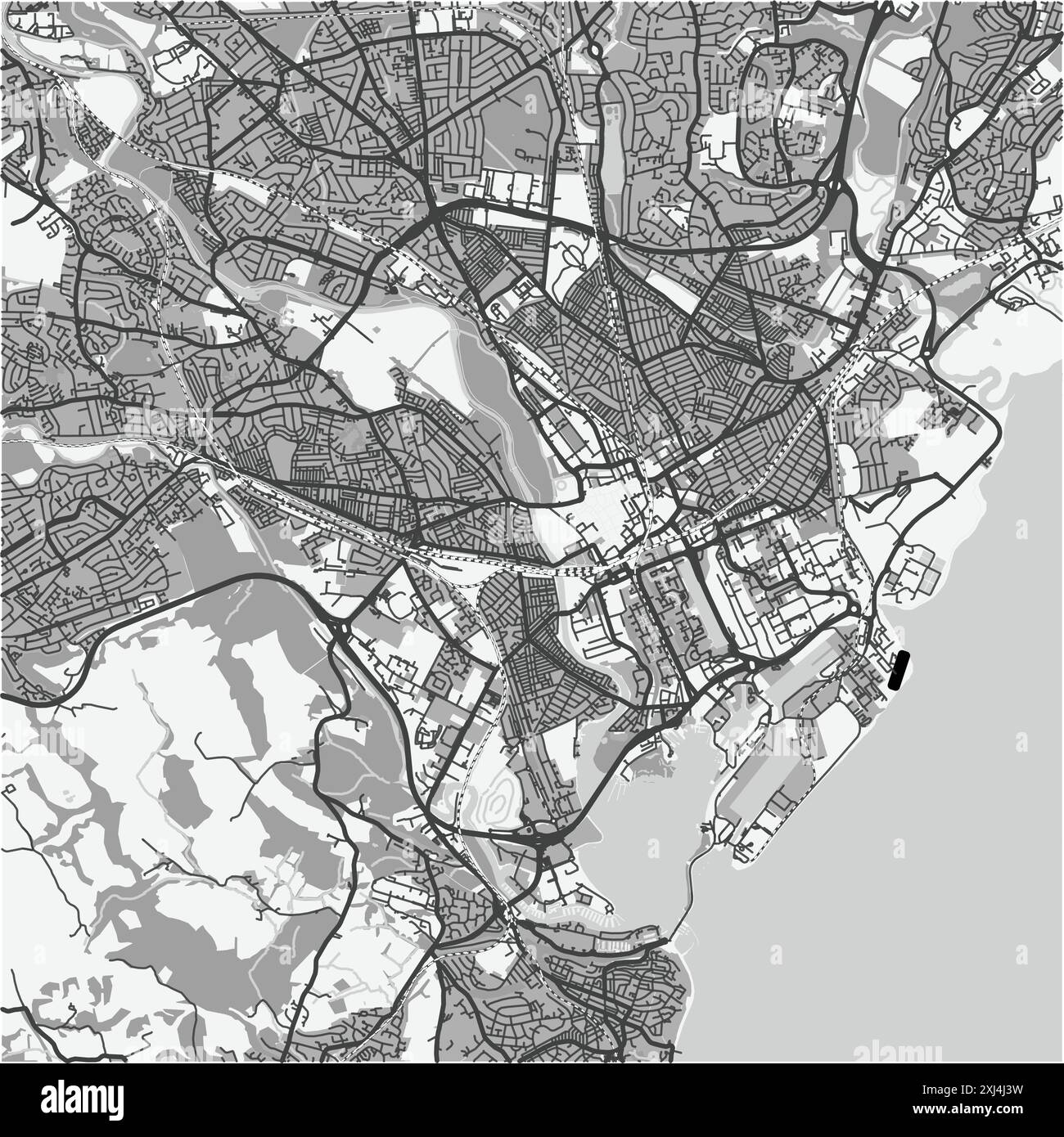 Mappa di Cardiff in Regno Unito in scala di grigi. Contiene vettore stratificato con strade, acqua, parchi, ecc. Illustrazione Vettoriale