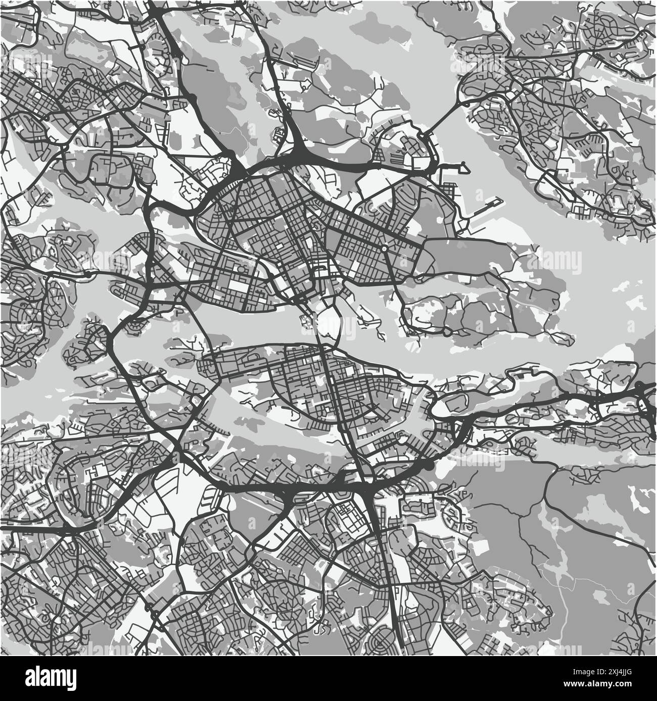 Mappa di Stoccolma in Svezia in scala di grigi. Contiene vettore stratificato con strade, acqua, parchi, ecc. Illustrazione Vettoriale