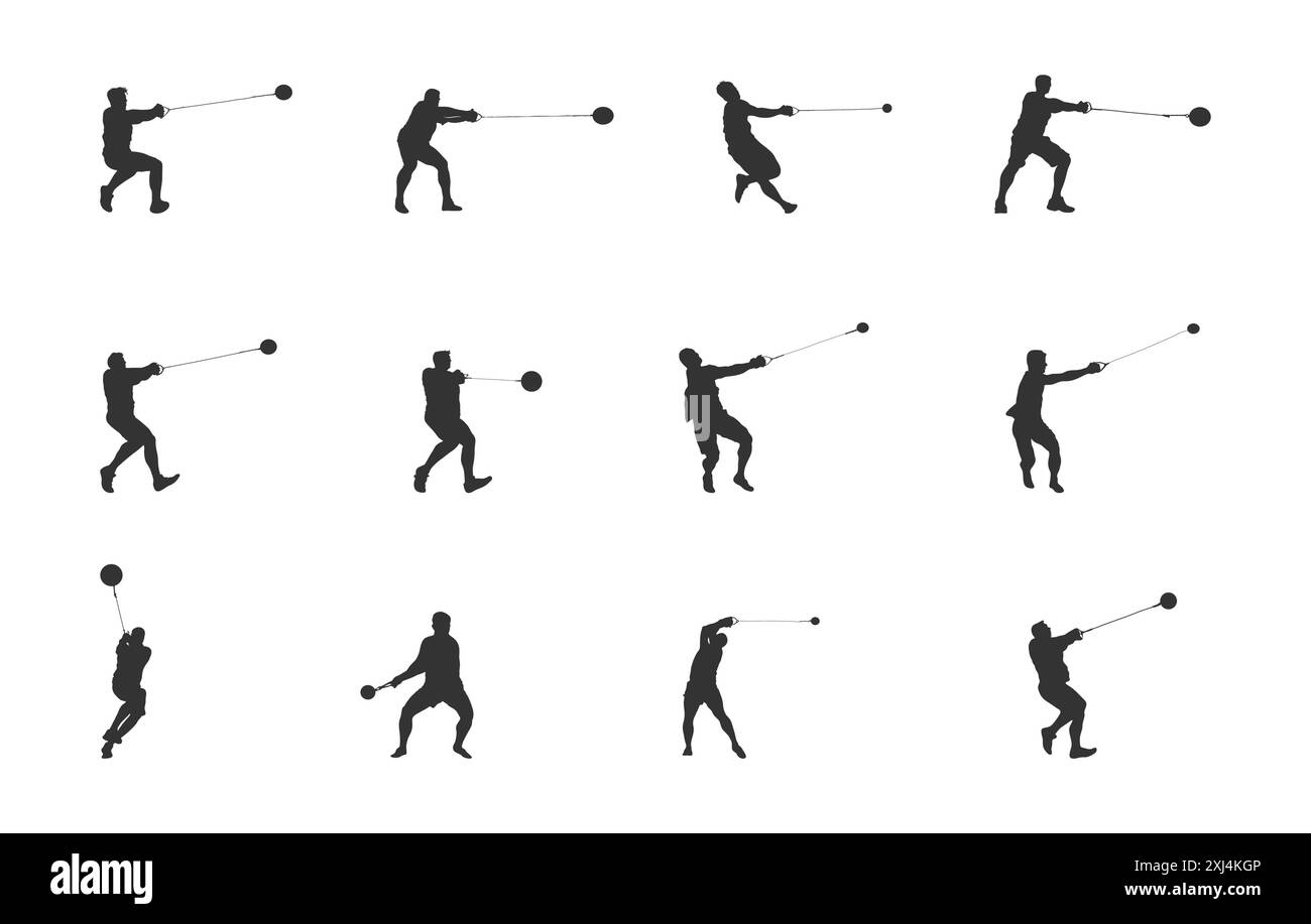 Hammer Throw silhouette, Set vettoriali di tiro martello, tiro martello, set vettoriale giocatore di tiro martello. Illustrazione Vettoriale