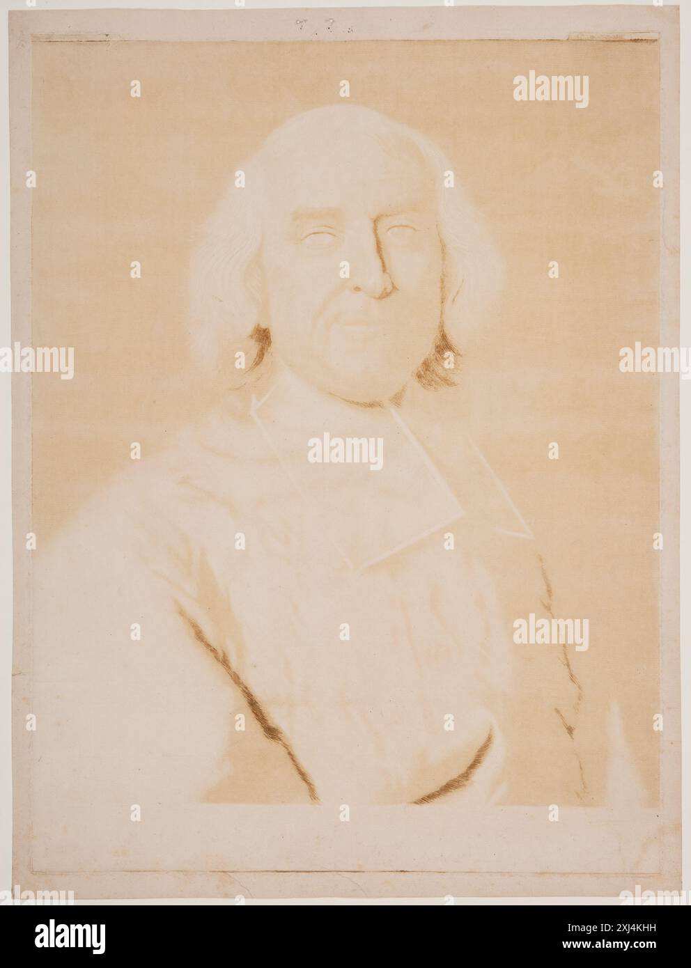 Una mezzotinta raffigurante il cardinale André Hercule de Fleury, concentrandosi sul suo abbigliamento, sull'espressione facciale e sulla postura seduta in stile europeo del XVII-XVIII secolo. Foto Stock