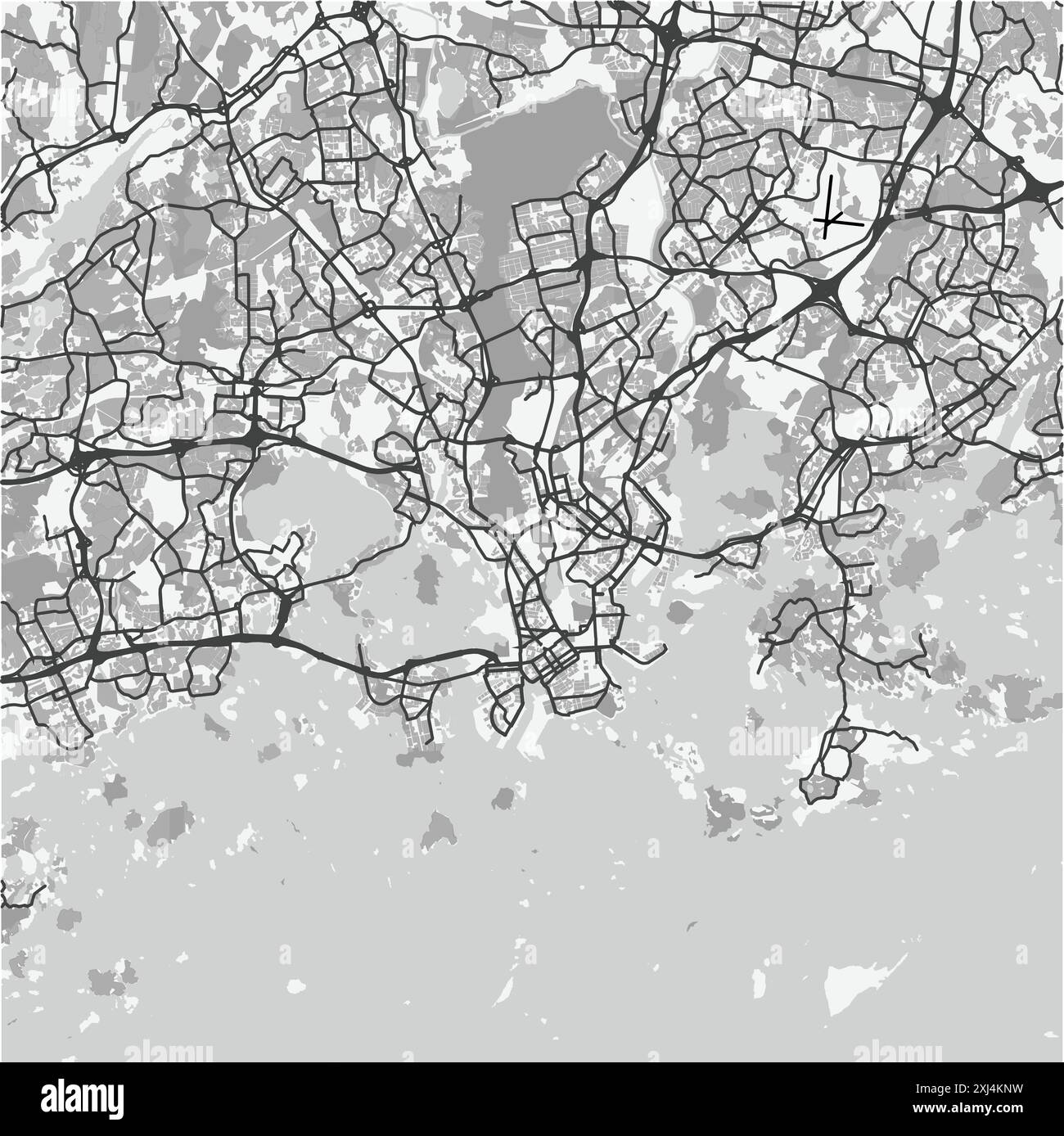 Mappa di Helsinki in Finlandia in scala di grigi. Contiene vettore stratificato con strade, acqua, parchi, ecc. Illustrazione Vettoriale