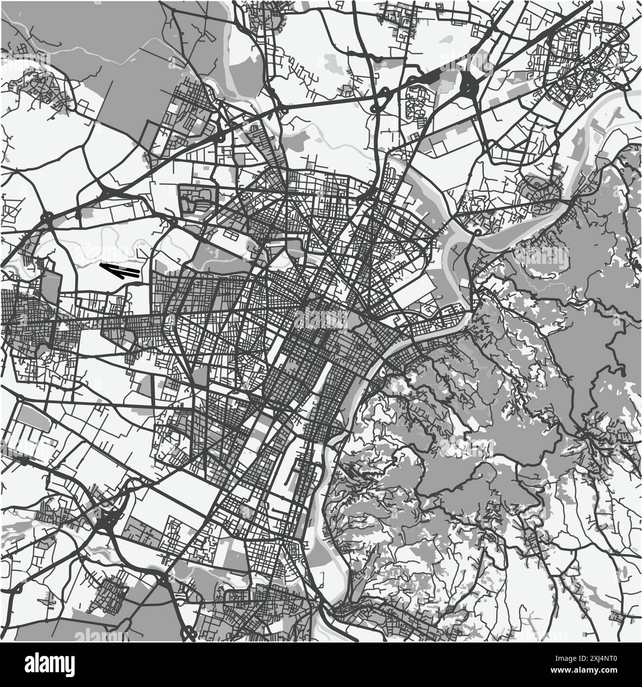 Mappa di Torino in Italia in scala di grigi. Contiene vettore stratificato con strade, acqua, parchi, ecc. Illustrazione Vettoriale