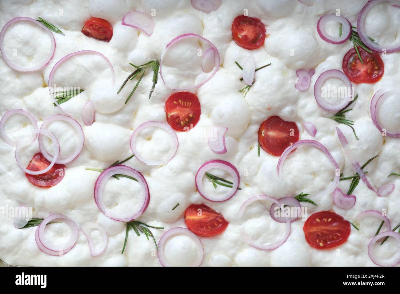 Primo piano focaccia della cucina italiana pronta per la cottura con pomodori, rosmarino, cipolla viola. vista dall'alto. Background alimentare. Pane a lievitazione naturale sano Foto Stock